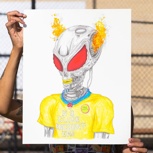 Alien with flames extending from sides of head and text on shirt - no close encounters