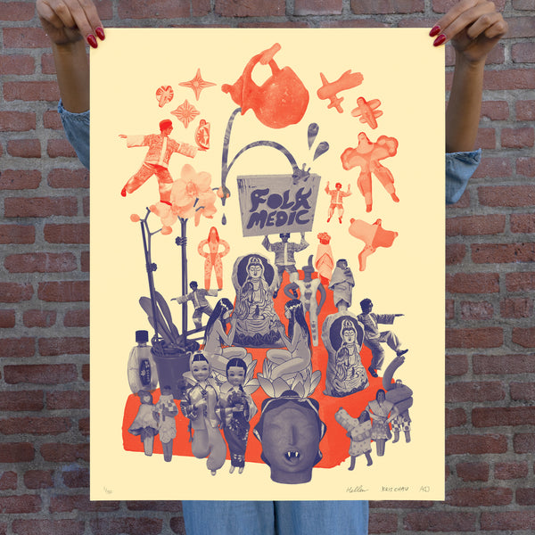 Indian cultural folk art with person holding folk medic sign