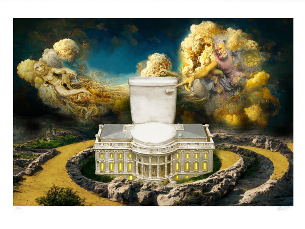 Artist Ron English - the White House depicted as being flushed down a toilet