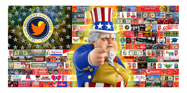 Artist Ron English - Uncle Sam in front of scam logos with the presidential seal